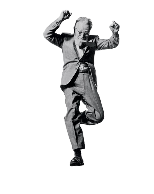 Hombre mayor bailando feliz, recorte en blanco y negro